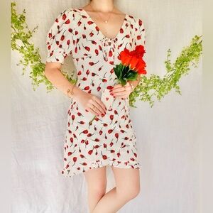 Petite Studio NYC ❉ Virginia Puff Sleeve Ruffle Mini Dress White Rose Print XXSP